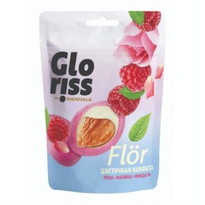 FLÖR almond white chocolate-covered candy with raspberries and rose